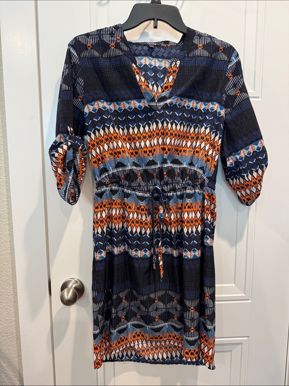 BeBop Navy, Light Blue & Orange Geometric Print Dress